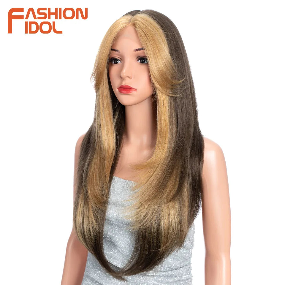 FASHION IDOL 26inch/65cm Straight Hair Lace Front Wigs Synthetic Hair Ombre Blonde Brown Hair Wigs Cosplay Heat Resistant Fiber