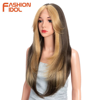 FASHION IDOL 26inch/65cm Straight Hair Lace Front Wigs Synthetic Hair Ombre Blonde Brown Hair Wigs Cosplay Heat Resistant Fiber