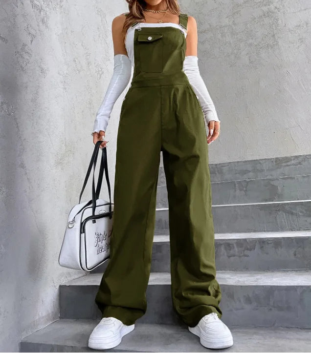 Women's Casual Bib Overalls Adjustable Shoulder Strap Pocket Wide Leg Jumpsuit Loose Straight Women Streetwear Suspender Pants