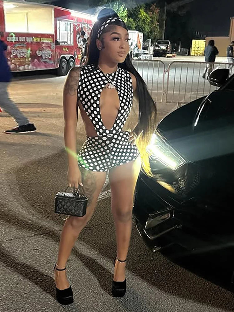 Weird Puss Polka Dot Sexy 2 Piece Set Women Side Split Sleeveless Bandage Bodysuit+Shorts Matching Hipster Party Clubwear Suits