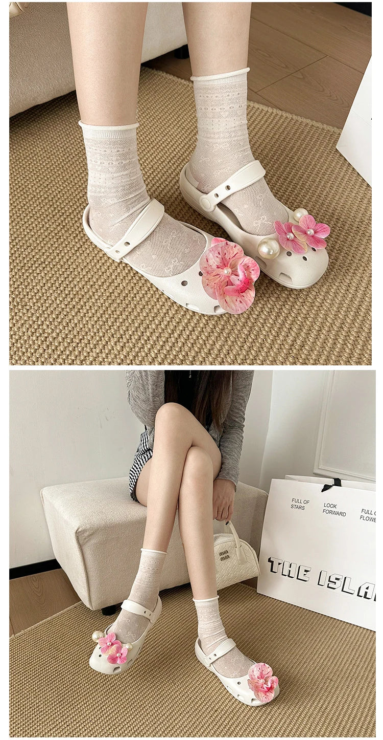 Clogs Summer Slippers Women Luxury Pearl Metal Flower Mary Janes Designer Ballet Shoes Girls Corc Charms Sandals Indoor Outdoor