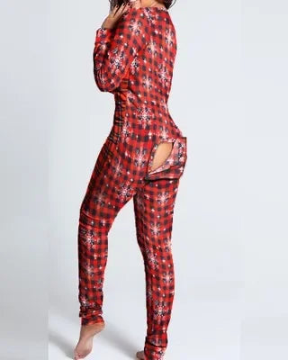 New Women Pajamas Sexy V-neck Jumpsuit Plaid Casual Long Sleeve Pyjama Button-down Front Functional Buttoned Flap Sleepwear