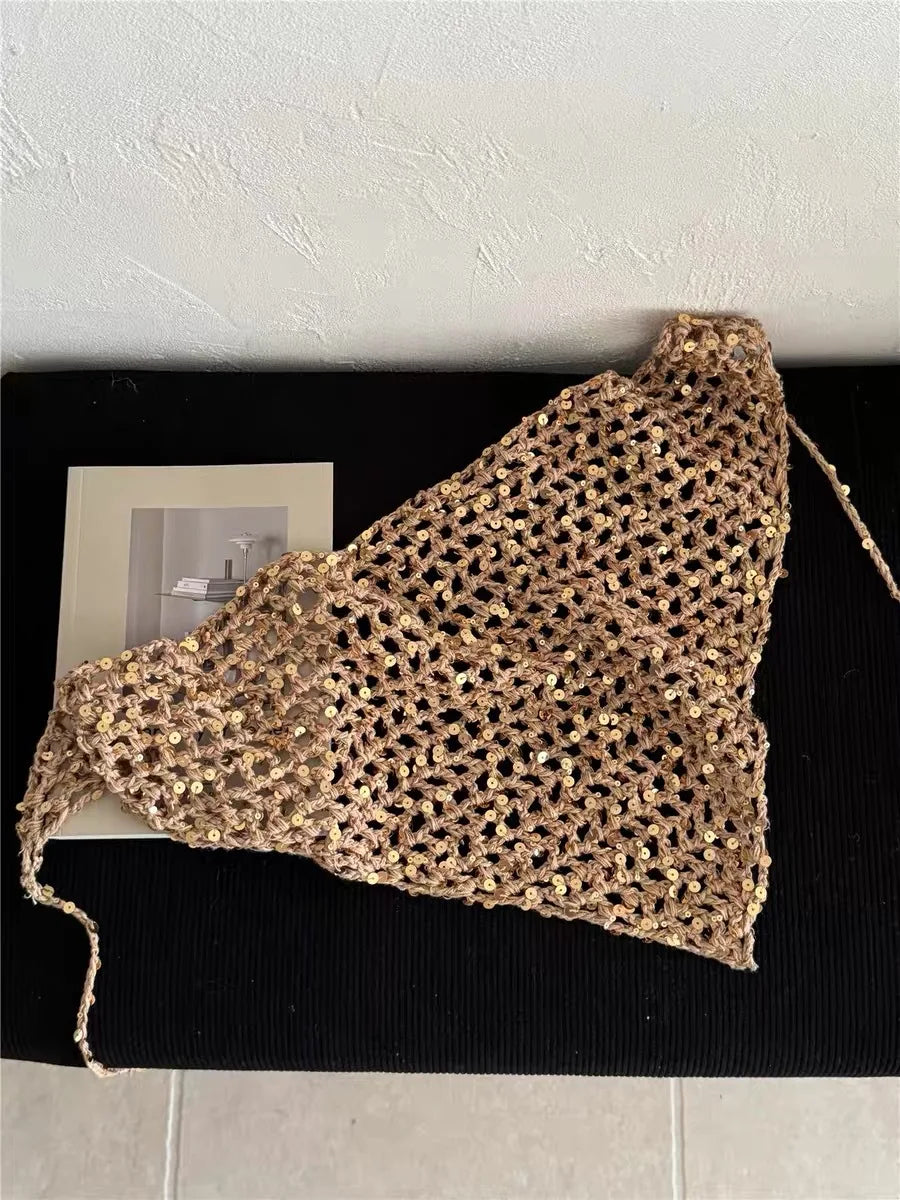 French Retro Knitted Triangular Towel Female Hottie Travel Sweet and Cute Literary Style Handmade Crochet Headscarf Headband