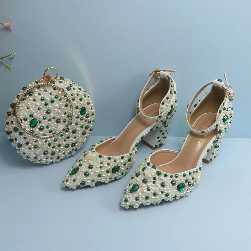 BaoYaFang Green Pointed Toe Pearl Bridal Wedding Shoes and Bag Thin Heel Slingbacks Female Ladies Party Shoe Shallow Women Shoes