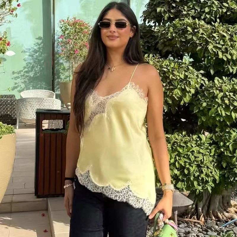 HXAO 2025 Woman Asymmetrical Slip Top Women Sexy Black Yellow Blue Top Lace Tanks & Camis Chic Y2K Sleeveless Backless Camisole