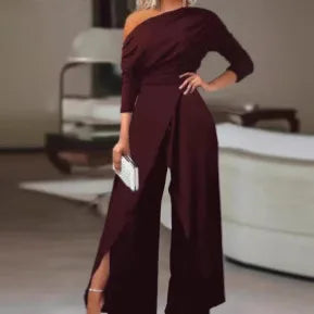 Casual Off Shoulder Jumpsuits Women Spring Autumn Irregular Ruched Wide Leg One Pieces Sets Office Ladies Elegant Party Romper