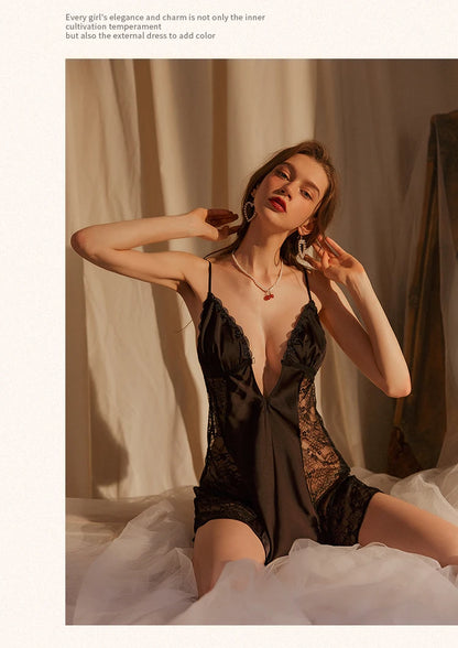 Satin Nightgown Front Buckle Lace Spaghetti Strap Night Dress Pajamas Women's Sleepwear Ice Silk Nightdress with Chest Pad