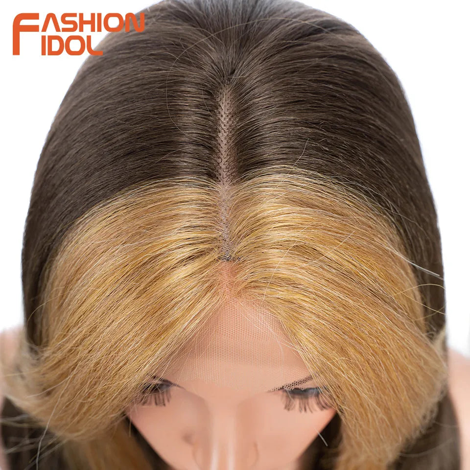 FASHION IDOL 26inch/65cm Straight Hair Lace Front Wigs Synthetic Hair Ombre Blonde Brown Hair Wigs Cosplay Heat Resistant Fiber