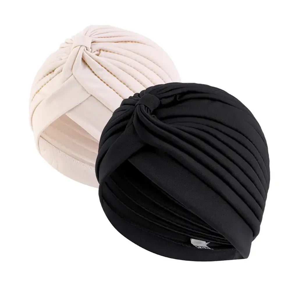 2pcsWomen's Pleated Knot Turban Hat, Soft Stretchy Beanie Cap for Chemo Hair Loss, Muslim Hijab Headwrap, Fashion Daily Headwear