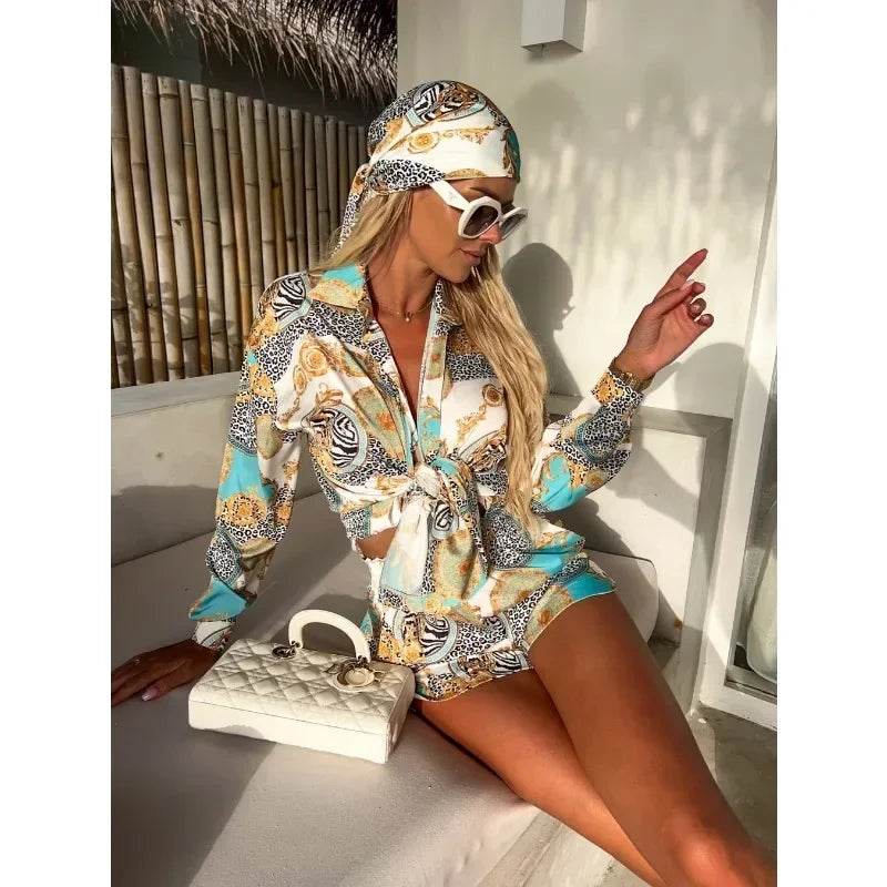 Summer Women's Fashion Printed Shorts Set with Polo Collar Long Sleeve Fashion Set Holiday Beach Women's Shorts Set