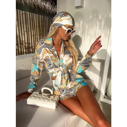 Summer Women's Fashion Printed Shorts Set with Polo Collar Long Sleeve Fashion Set Holiday Beach Women's Shorts Set