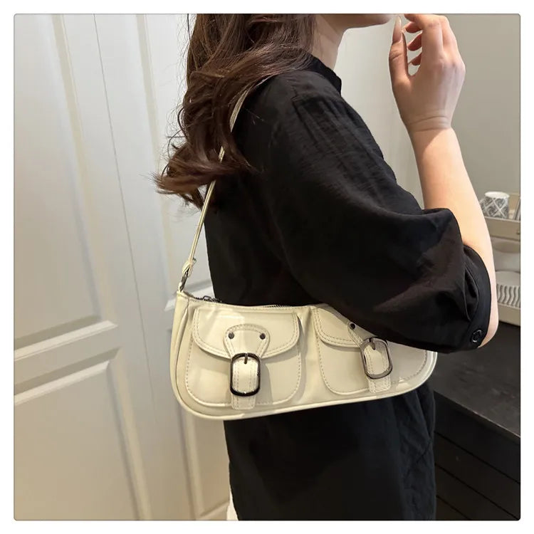 Fashion Pu Leather Women's Shoulder Bag Small Double Pocket Design Ladies Underarm Bags Y2k Vintage Female Handbags Clutch Purse