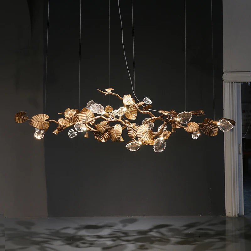 Luxury Copper Branch Chandelier Dining Table Retro Restaurant Light with Leaf Crystal Pendant Lamp Living Room Bar Kitchen Vila