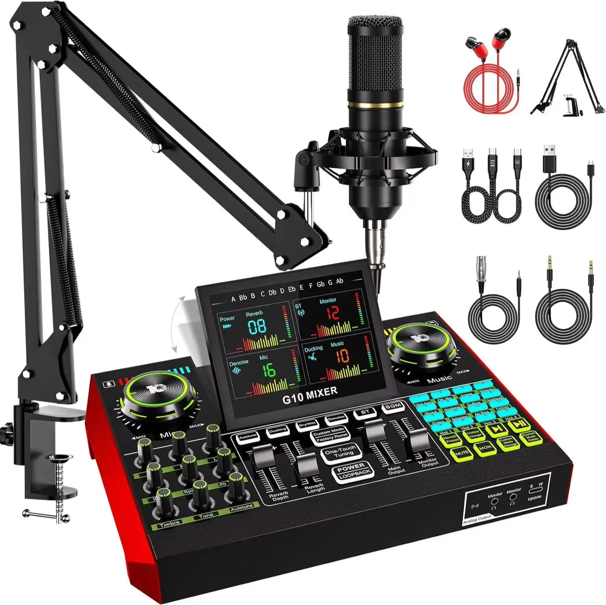 Tenlamp Plug And Play Podcast Equipment Bundle with Professional Chipset, G10 Live Streaming Audio Interface for Laptop PC, Voice Changer Denoise Reverb Sound Board Kit for Gaming Singing Vlog Living Broadcast Recording