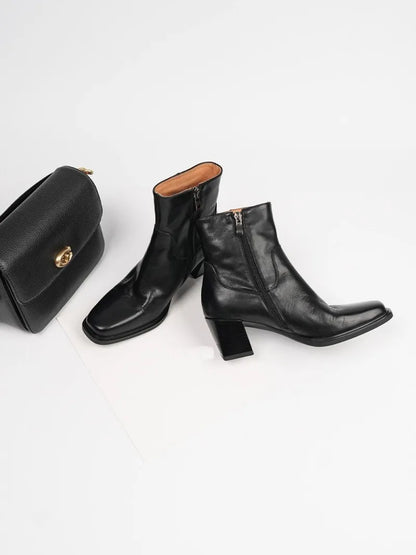 Elegant Office Ladies Chunky Heels Genuine Leather Short Boots Square Toe New Designer Shoes Women Vintage Cowhide Ankle Boots