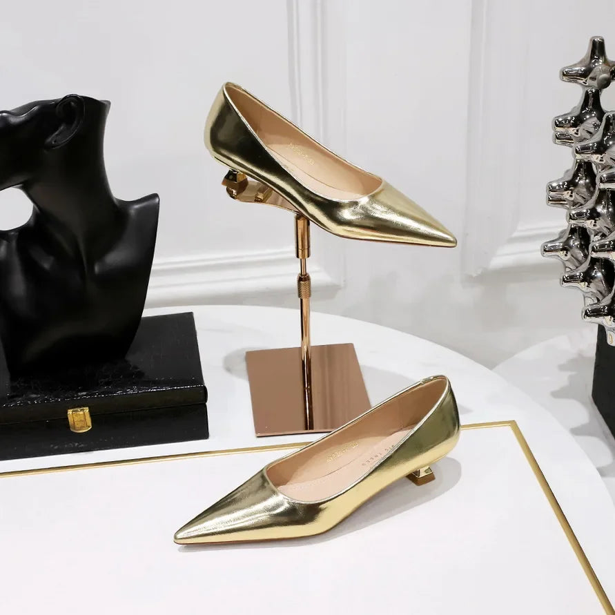 Women Comfortable 3.5cm High Heels Shallow Pointed Toe Work Pumps Lady Glossy Leather Low Heels 2024 Luxury Brand Designer Shoes