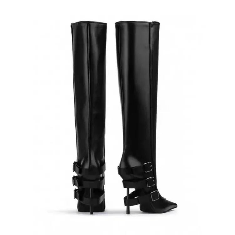 New Belt Buckle Stiletto High Heels Knee Length Boots Autumn/Winter Women's Fashion Pointed Party 34-46 Large Medium Boots
