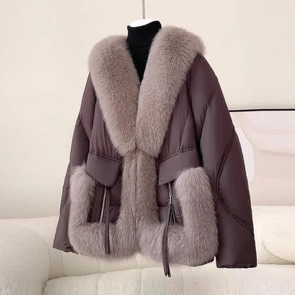 White Duck Down Coat Women Faux Fox Fur Collar Loose Thicken Parkas Warm Outwear 2026 Winter New Fashion Female Jacket