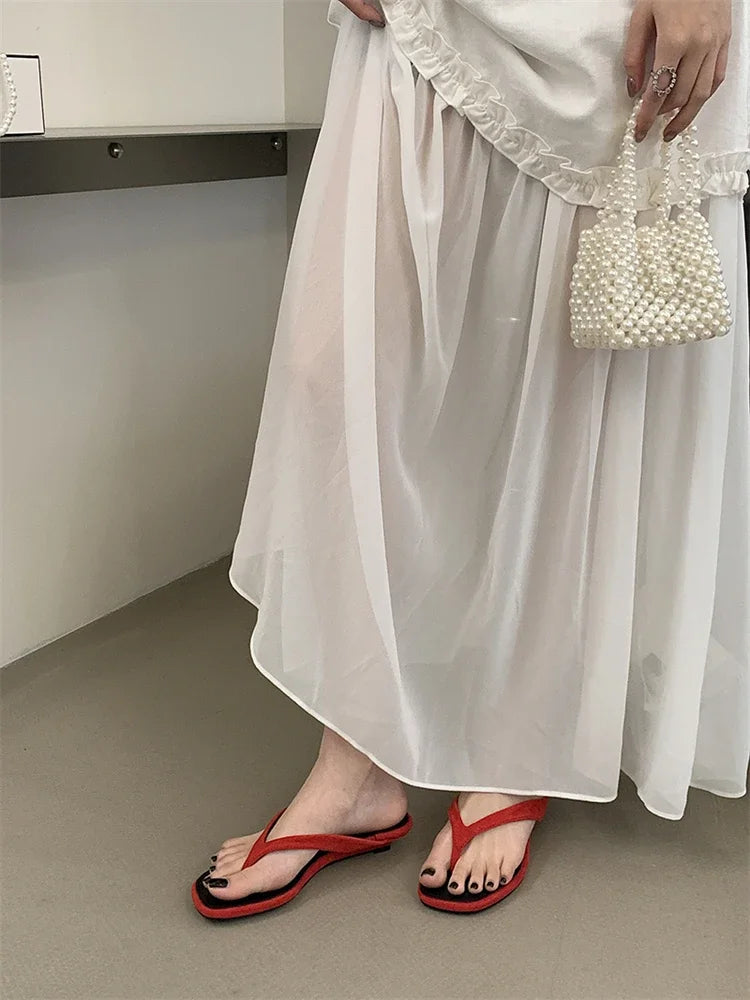 ZAROY Red Women's Flip Flops Summer Slippers Square Clip Toe Thin Low Heels Casual Beach Mules Slides Thongs Sandals Zapatos