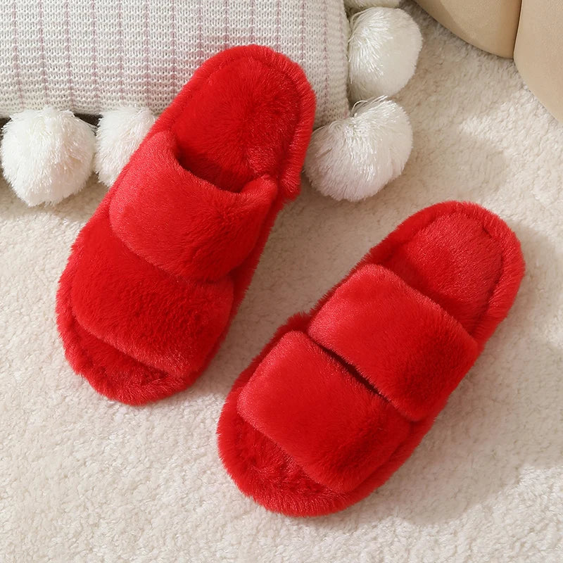Leopard Pattern Plush Winter Slippers for Women Open Toe Soft Sole Fuzzy House Shoes Woman Indoor Comfort Warm Faux Fur Slippers