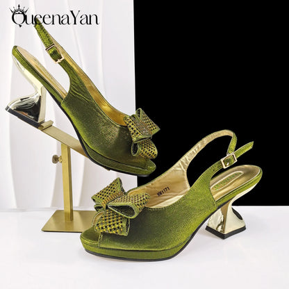 Queena Yan Sky Blue Color Peep Toe High Women Heels Shoes and Bags for Women Rhinestone Evening Party Elegant Luxury Handbag