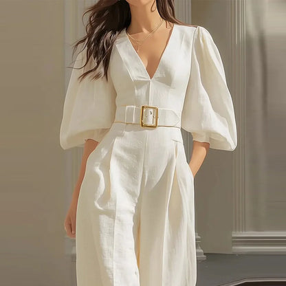 Elegant Jumpsuit Women's V Neck Puff Sleeve Belt Free Wide Leg Casual Rompers Workplace Urban Commuting Business Sexy Jumpsuites