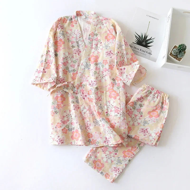 2026 new seven-sleeve Japanese-style kimono pajamas set female spring and autumn 100% cotton gauze home clothes cute sweet two-p