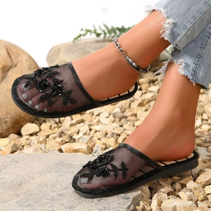 Mesh Breathable Embroider Sequin Flower Mules Shoes Summer Closed Toe Soft Bottom Sandals Female Chinese Style Bamboo Sandals
