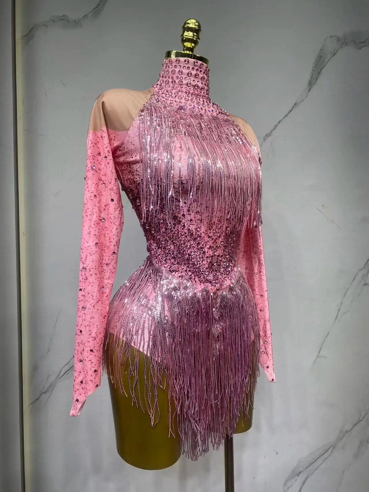 Sparkly Rhinestones Sequins Tassels Bodysuit for Women Sexy Performance Dance Costume Singer Dancer Leotard Show Stage Wear