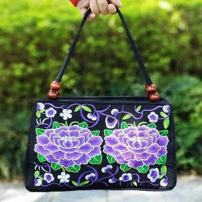 Stylish Floral Embroidered Handbag, Trendy Zipper Canvas Bag, Women's Fashion Purses