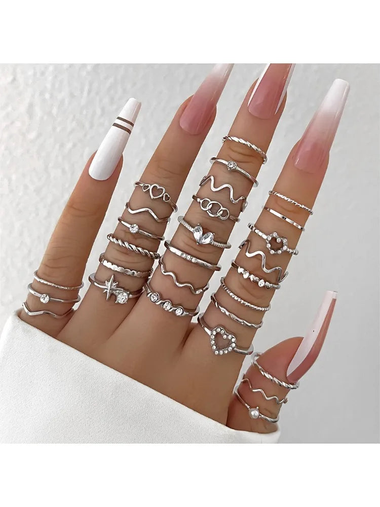 28Pcs Fashion Geometric Knuckle Rings Set For Women Crystal Heart Gold Silver Color Rings Girls  Party Jewelry Accessories