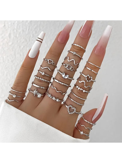 28Pcs Fashion Geometric Knuckle Rings Set For Women Crystal Heart Gold Silver Color Rings Girls  Party Jewelry Accessories
