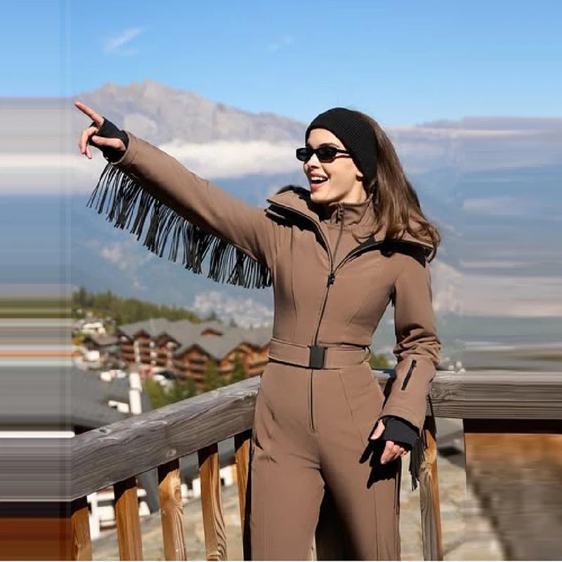 Thicken One-piece Ski Suit Women Faux Fur Hooded Tassels Coat High Waist Belt Jumpsuit 2025 Winter Windproof Waterproof Skiwears