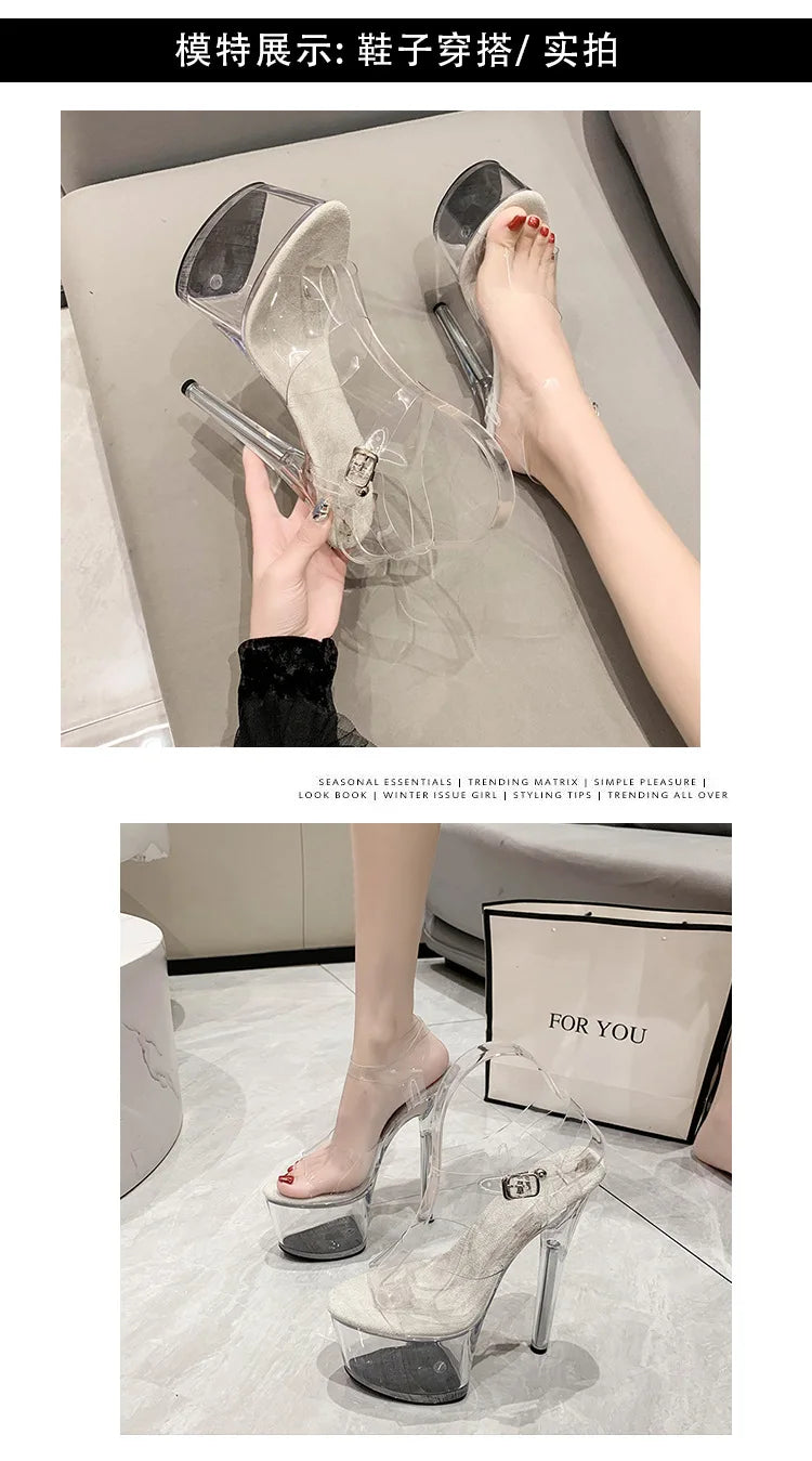15cm 17cm 20CM High Heels Women's Sandals Anti-Skid Sexy Pole Dance Shoes Thin Heel Transparent Platform Female Party Sandals