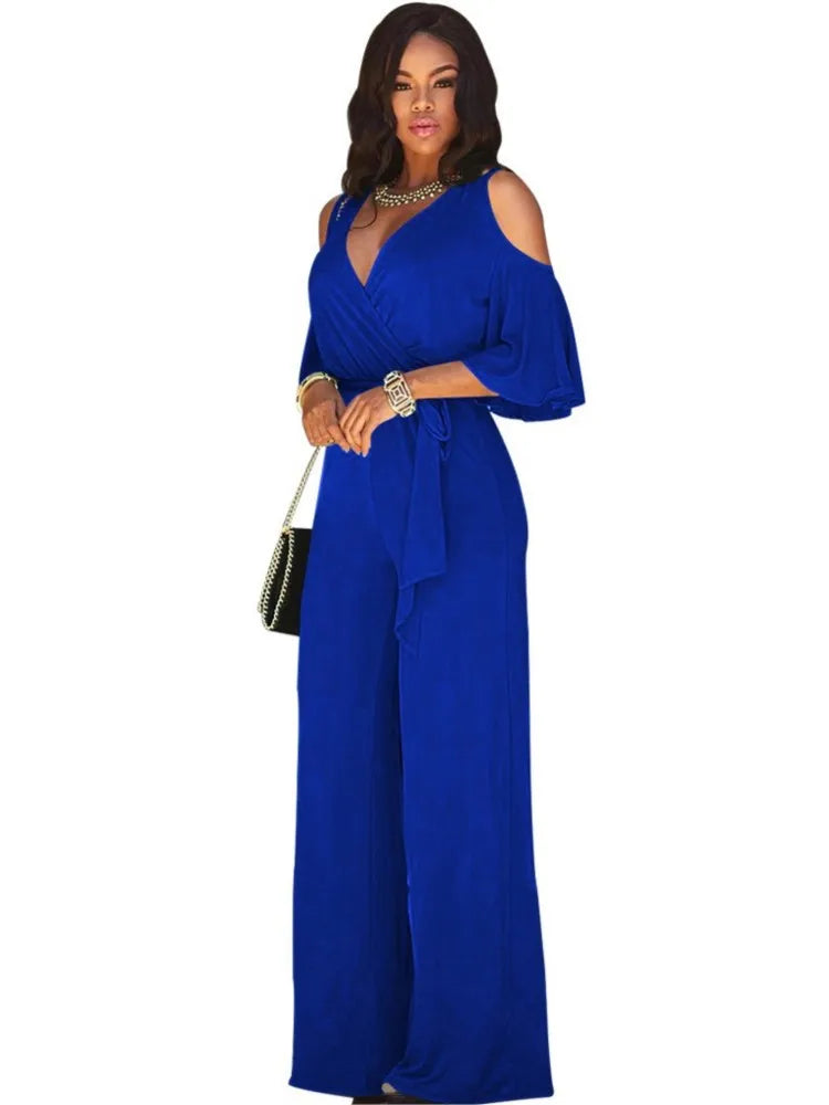 Spring Summer Solid Color Women Sexy Deep V Neck Short Sleeve Rompers Fashion Slim Fit Lace Up Elegant Female Wide Leg Jumpsuit