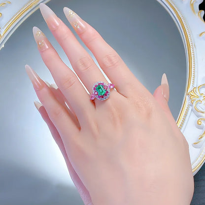 Luxury white gold solid platinum PT950 retro contrasting real emerald 5*7mm ring luxury banquet jewelry