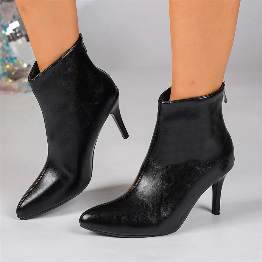 New Winter Soft PU Leather Women Ankle Boots Pointy Toe Side Zipper High Heels Stiletto Shoes Black Sexy Ladies Work Boots Party