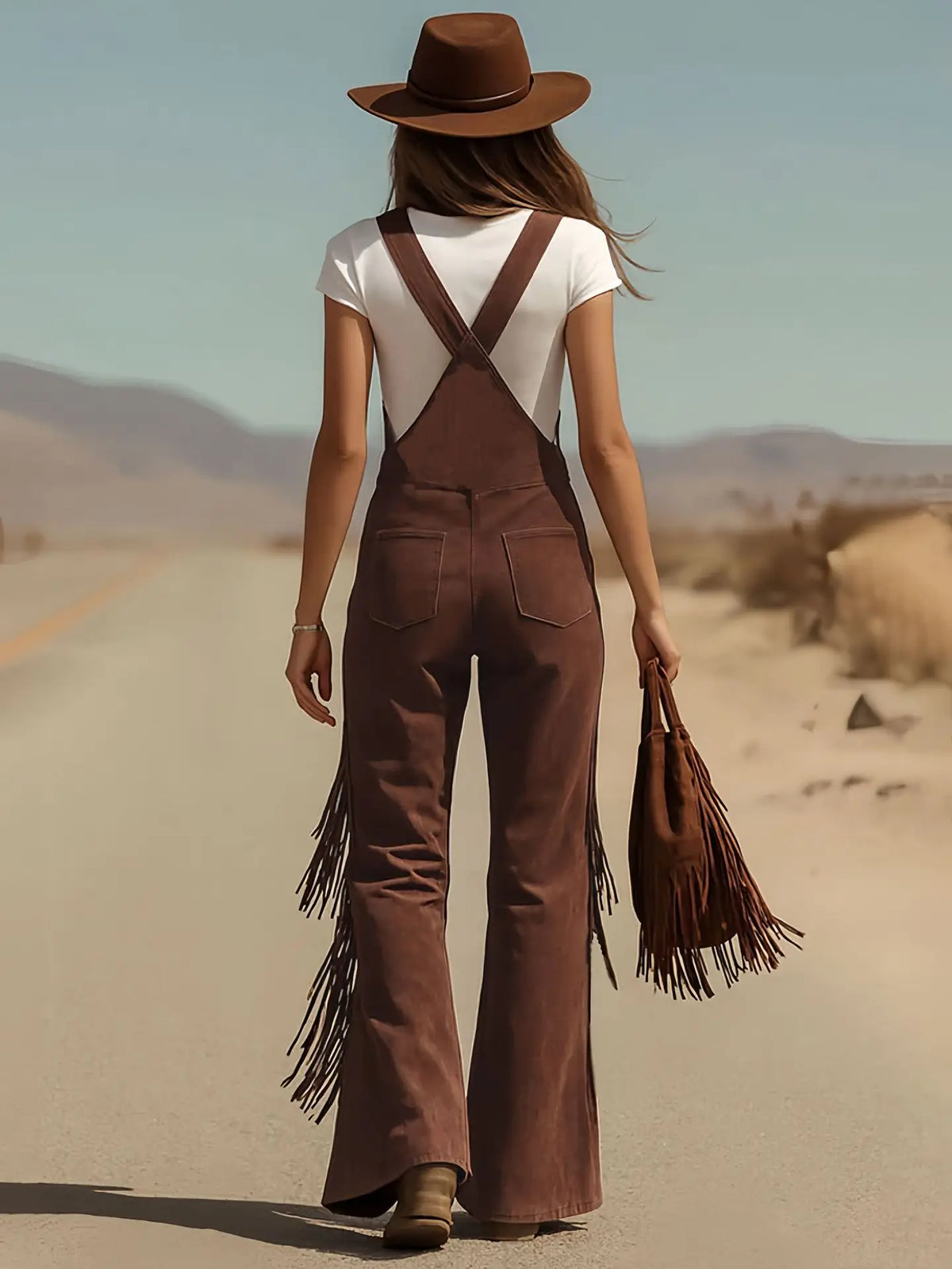 Western Vintage Solid Suede Tassel Female Jumpsuit Fashion Hollow Out Button Overalls 2026 Spring Strappy Bodysuit Woman Rompers