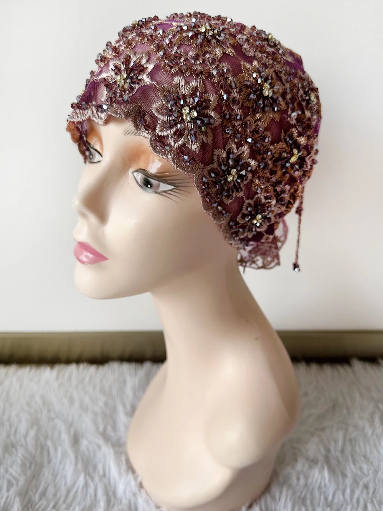 High Quality Lace handcrafted Beaded Turban Hat Female Head Wraps Caps Muslim Women Headscarf Bonnet Ready to Wear Inner Hijabs