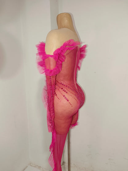 Luxury Rhinestone Mesh Bodysuit Ruffle Frill and Asymmetrical Design Formal Events Photoshoots Stage Performance Party Outfit