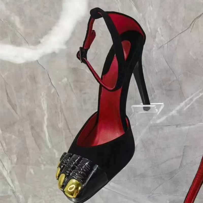 Novelty Stiletto Sandals For Women Pointed Toe Ankle Strap Designer New Brand Luxury Female Shoes Cool Elegant Metal Decoration