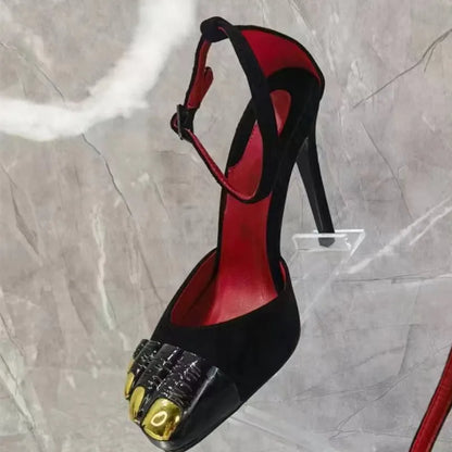 Novelty Stiletto Sandals For Women Pointed Toe Ankle Strap Designer New Brand Luxury Female Shoes Cool Elegant Metal Decoration