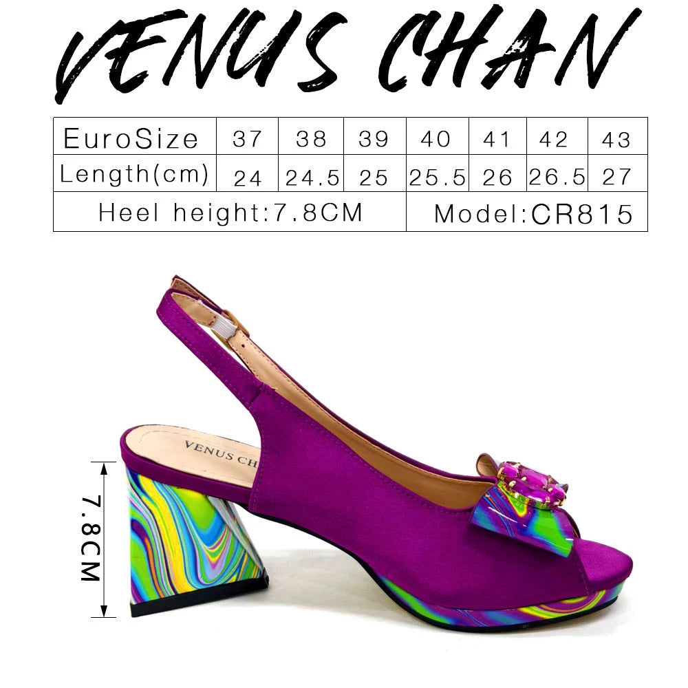 Venus Chan 2024 Fashion Purple Color Painted Rhinestones Elegant Peep Toe Sandals Shoes and Bag Set Italian Heels for Womens