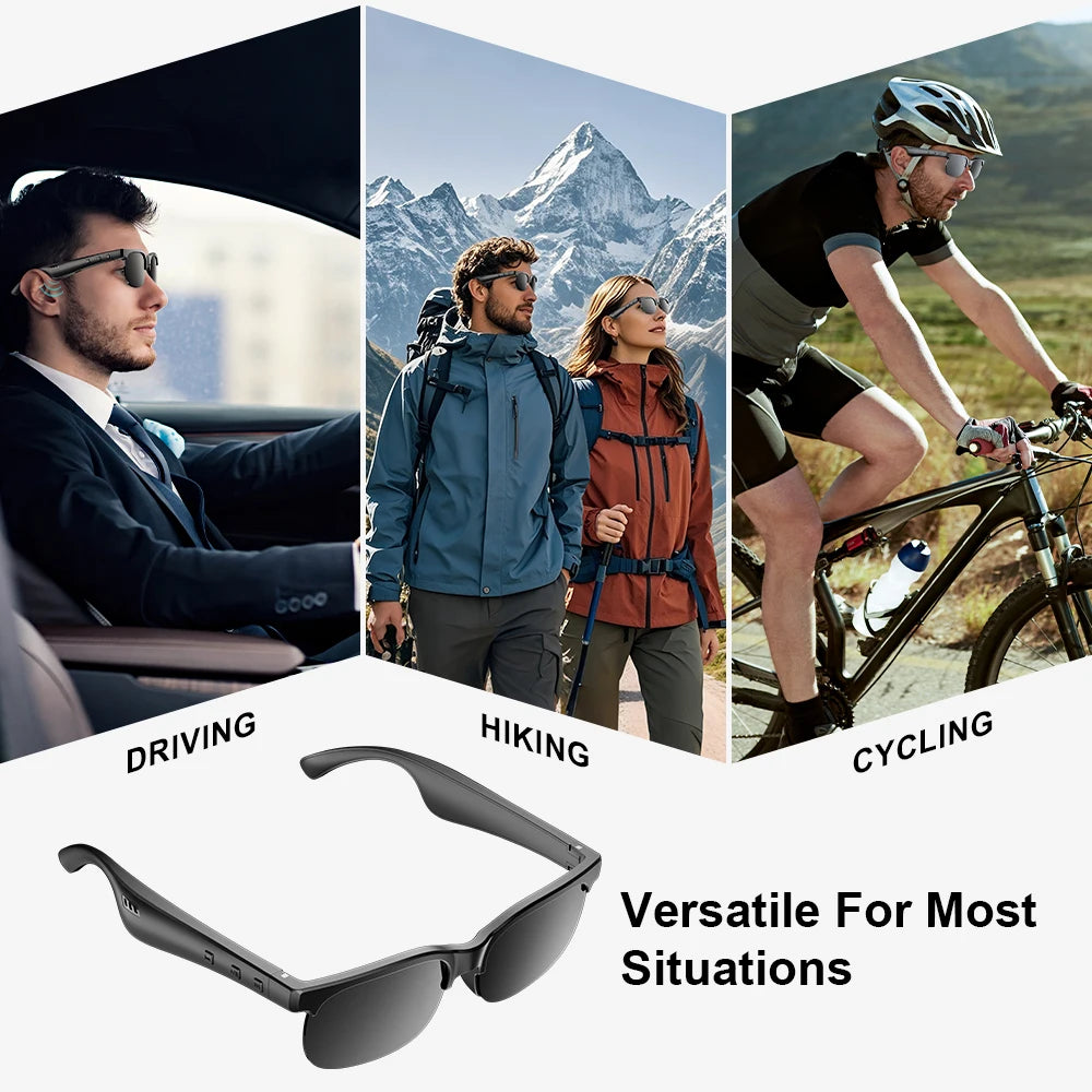 Smart Glasses Wireless Hi-Fi Headphones, Dual Speakers, Touch Controls, and USB-C Charging; supports calls and music playback.
