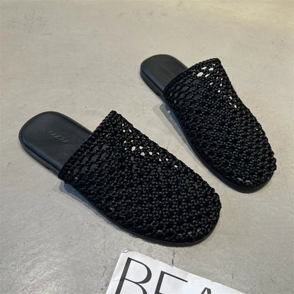 2026 Summer New Woven Flat Sandals Brathable Cover toe Slippers for Casual Outwear Women Hollow-out Casual Knitting Slides