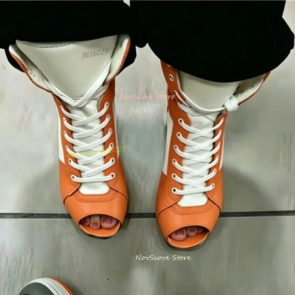Peep Toe Stiletto High Heels Mid-Calf Booties Mixed Color Lace Up Sports Shoes Style Sandals Booties Autumn Sexy Women Shoes