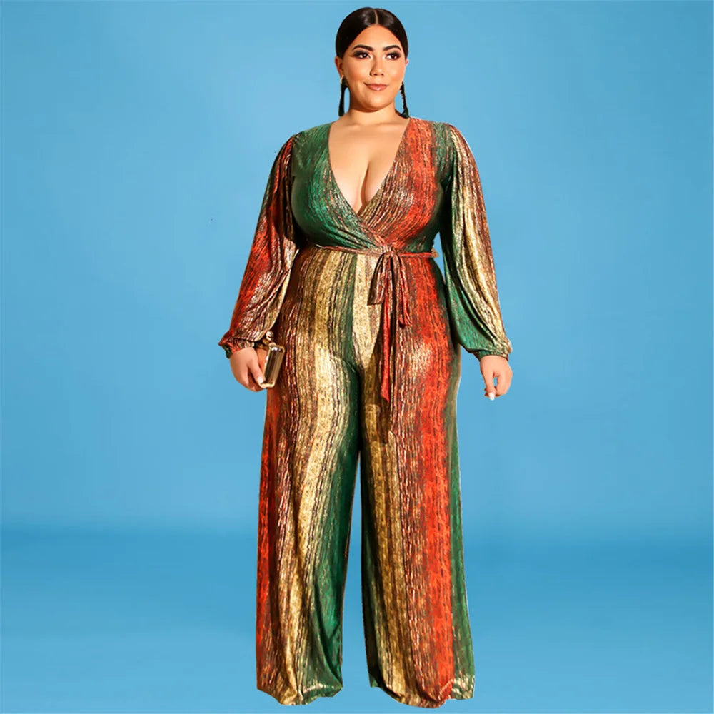 New Plus Size Women Jumpsuits Elegant V Neck Long Sleeve Rompers Office Lady Straight One Piece Outfits Wholesale Drop Shipping