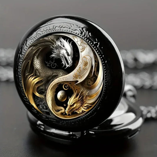 Dual-Tone Dragon Pocket Watch - Retro Golden & Silvery Quartz Timepiece, Exquisite Engraved Case & Vintage Chain Accessory Gift