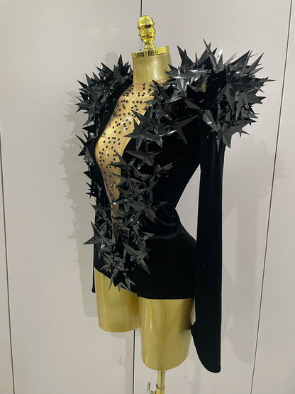 2025 New Shiny Black Rhinestone Velvet Long Sleeve Bodysuit Women Evening Party Club Gala Hosts NightClub Bar Stage Costumes