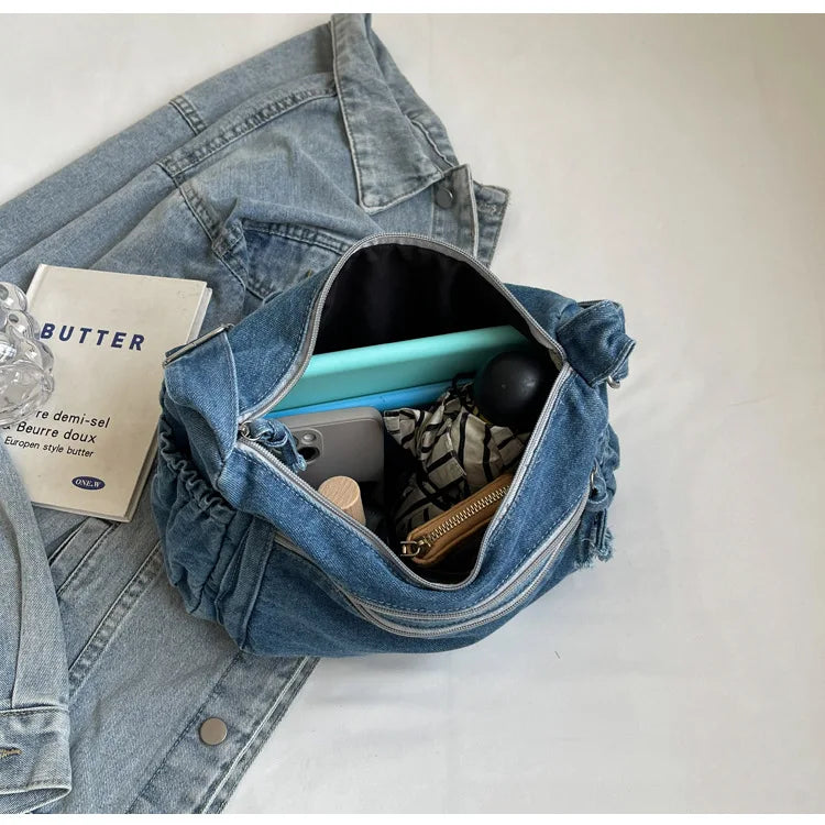 Vintage Denim Women's Shoulder Bag Large Capacity Messenger Bag Multi-pockets Satchel Bags Adjustable Strap Ladies Crossbody Bag